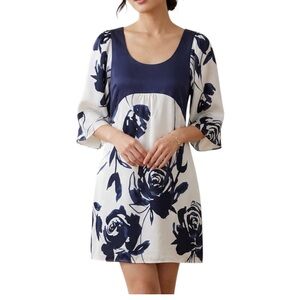 Tristan SILK Sz M Wide Sleeve Empire Waist Floral Mini Dress White Blue
